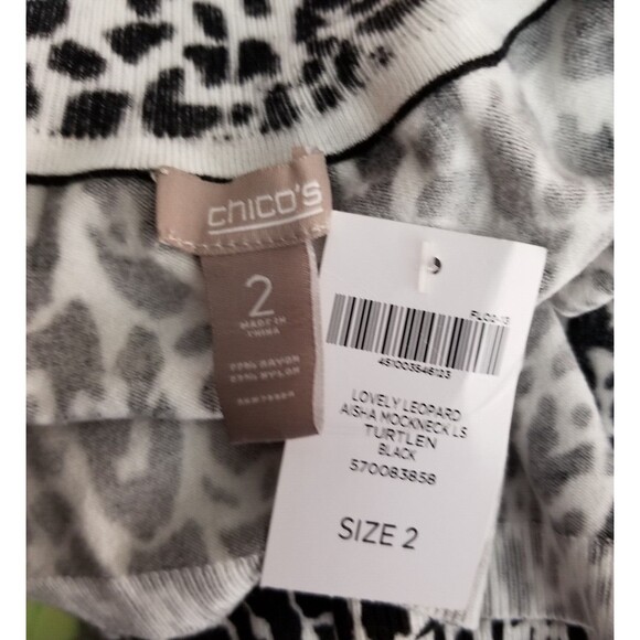 Chico's Knit Top Lovely Leopard Aisha Mock Neck Black Chico's 2 or Large New - Picture 6 of 6